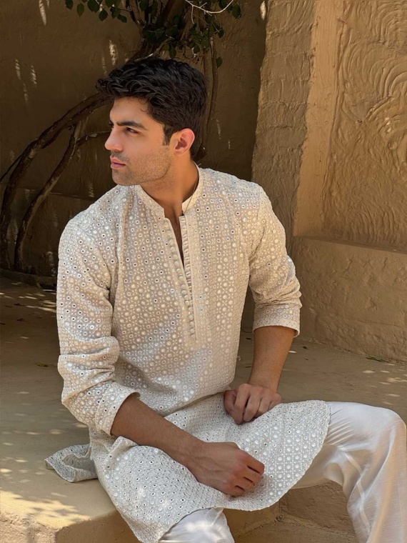 Ivory White Embroided Kurta Pajamas - Image 4